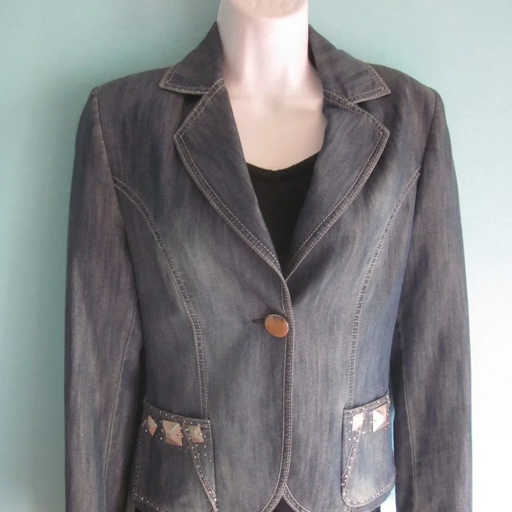 GUNCEL Güncel Womens Size M / 8 Denim Blue Embellished One Button Blazer